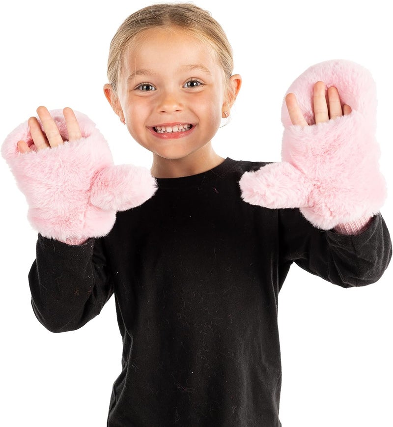 Funky Junque Kids Convertible Faux Fur Mittens – Girls Mittens Ages 3–9, Warm Sherpa Winter Fuzzy Mitten with Finger Flap - Image 5